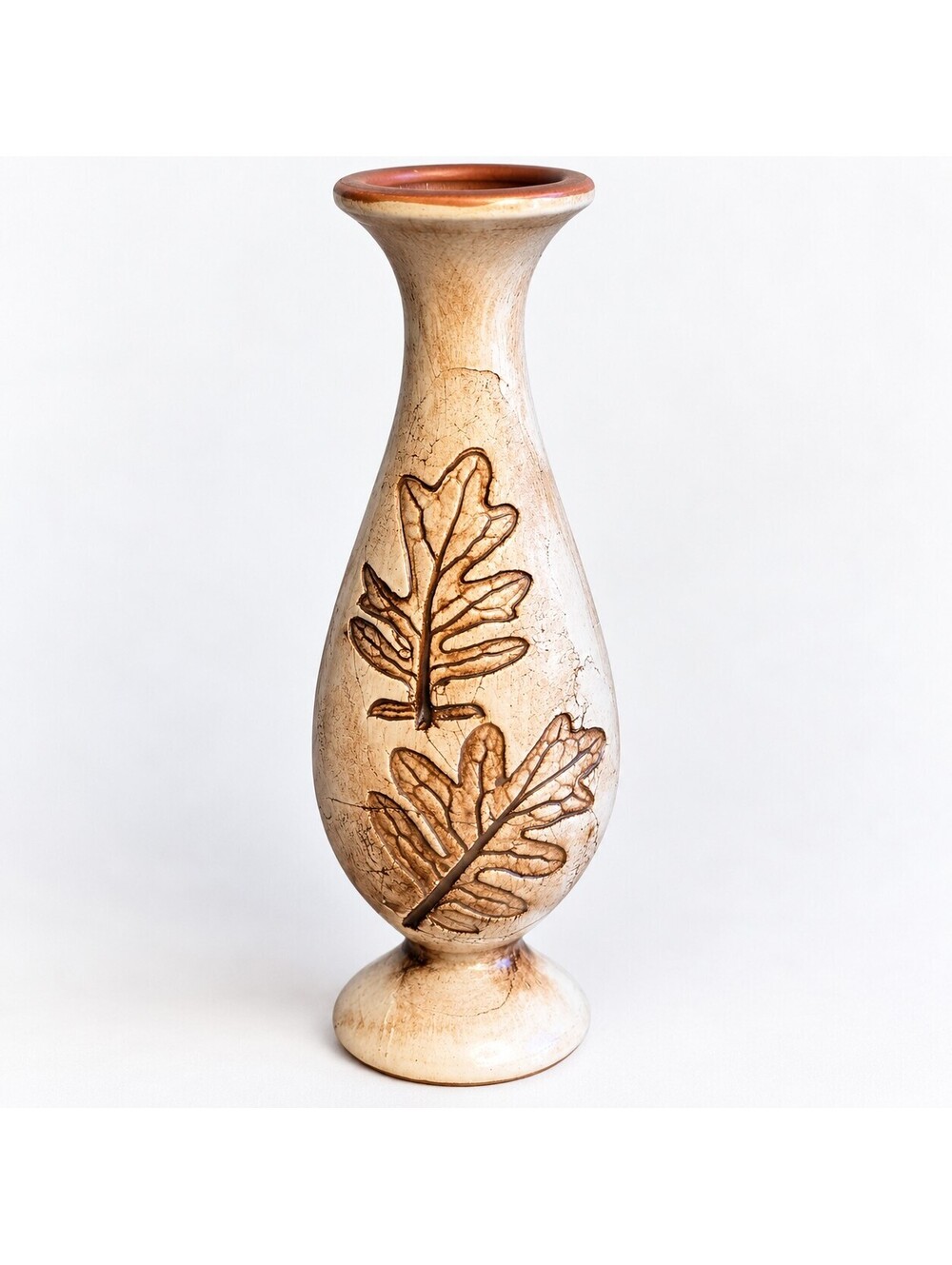 Signed Studio Pottery Oak Leaf Bud Vase Rustic Ceramic
